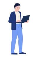 Working man with laptop semi flat color vector character. Male freelancer. Editable figure. Full body person on white. Simple cartoon style spot illustration for web graphic design and animation