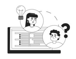 Effective communication in virtual team black and white concept vector spot illustration. Editable 2D flat monochrome cartoon characters for web design. Creative line art idea for website, mobile