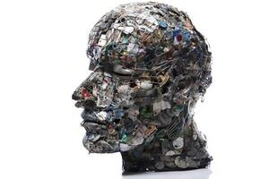 Human head made of garbage on the white background, created with photo