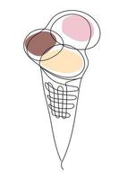 Ice cream in a cone in the style of one line. Three scoops of ice cream. Design for cafe restaurants, posters, flyers, menus. vector