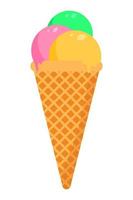 Ice cream three scoops in a cone. Strawberry, mint and vanilla ice cream in a cone. Design for posters, menus, cafes. vector