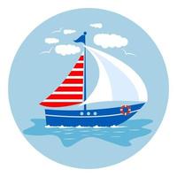 Sailing boat with sails, a lifeline and seagulls on a blue background. Sailboat and waves on the water. Vector illustration in a flat style.