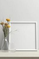 Frame mockup with yellow flowers on the table, created with photo