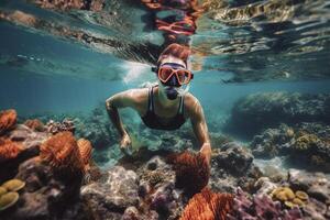 tubo respirador buceo a tropical coral arrecife, creado con generativo ai foto