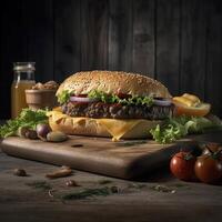 delicioso hamburguesa en el mesa, creado con generativo ai foto