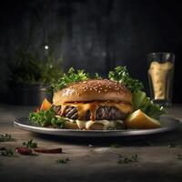 delicioso hamburguesa en el mesa, creado con generativo ai foto