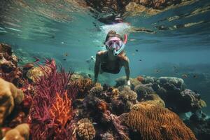 tubo respirador buceo a tropical coral arrecife, creado con generativo ai foto