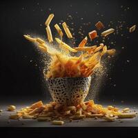 Exploding french fries, created with generative AI photo