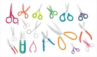 Types of scissor set isolated on white background. Set of diferent colored scissors vector. Scissor icon in cartoon and flat style. Open, closed cutting or nippers. Vector illustration.