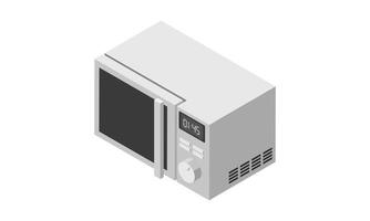 White microwave vector illustration in insometric style with closed door. Household appliance for food cooking, defrosting and heating. Front view isolated background.