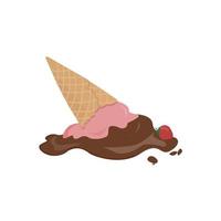 Ice cream in waffle cone vector illustration on white background. Dropped and melted ice cream clipart. Vector of upside down strawberry and chocolate icecream fell on the ground. 3D cartoon style.