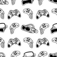 VR gadgets seamless vector pattern. Glasses of virtual and augmented reality. Joystick, move controller. Modern technology, device for entertainment, games, 3D viewing. Background for wallpapers, web