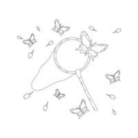 Butterfly net and butterflies. Classic net design. Vector illustration isolated on white background.