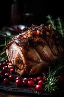 Roast pork neck in Christmas style. photo