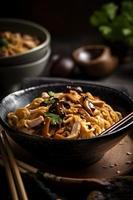 Traditional noodles with shimeji mushrooms and chicken. photo