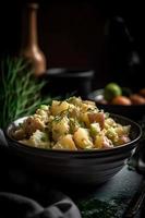 Traditional German potato salad with cucumber, onion and Mayonna. photo