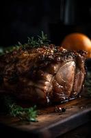 Roast pork neck in Christmas style. photo