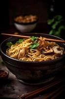 Traditional noodles with shimeji mushrooms and chicken. photo