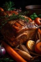 Whole roasted pork neck, stewed in wine with vegetables. photo