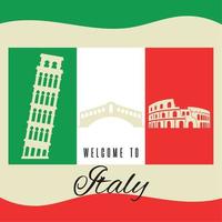 Italy flag with silhouette of famous landmarks Italy travel postcard Vector illustration