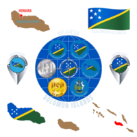 Set of illustrations of flag, outline map, icons of SOLOMON ISLANDS. Travel concept. png