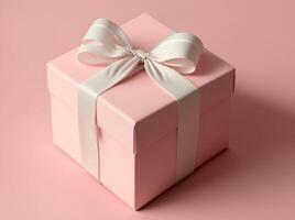 Pink gift box with white ribbon on pastel tone background. photo