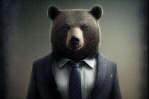 ai generado retrato de oso empresario. animal cabeza en negocio traje. foto