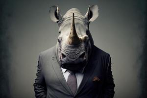 ai generado retrato de rinoceronte empresario. animal cabeza en negocio traje foto