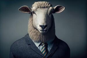 Portrait of sheep businessman. Animal head in business suit. photo