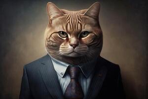 ai generado retrato de gato empresario. animal cabeza en negocio traje. foto