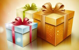 Three shiny gift boxes with ribbon on color gradient background. photo