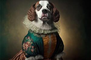 Portrait of dog in a victorian dress. photo
