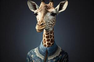 Portrait of giraffe in a victorian dress. photo