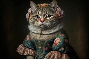 retrato de gato en un victoriano vestido. ai generado foto