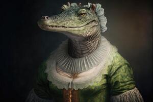 Portrait of crocodile in a victorian dress. photo