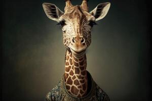 Portrait of giraffe in a victorian dress. photo