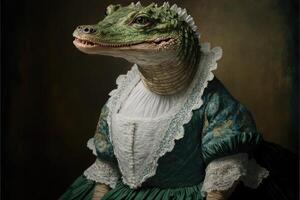 Portrait of crocodile in a victorian dress. photo