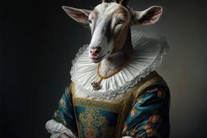 Portrait of goat in a victorian dress. photo