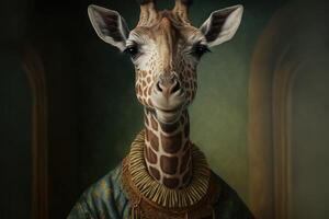 Portrait of giraffe in a victorian dress. photo