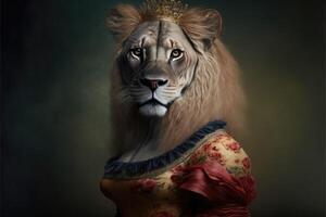 Portrait of lion in a victorian dress. photo