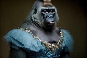 Portrait of gorilla in a victorian dress. photo