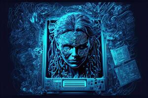 Digital illustration on hi-tech futuristic blue neon background. photo