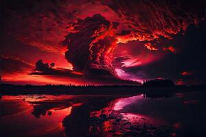 Abstract dark red background. Dramatic red sky. Red sunset with clouds. photo