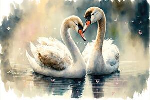 Cute couple swans in the lake watercolor painting. photo