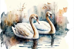 Cute couple swans in the lake watercolor painting. photo