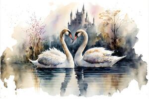 Cute couple swans in the lake watercolor painting. photo