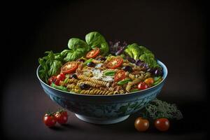 A bowl of whole grain pasta with vegetables and a side salad. photo