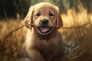 Golden retriever puppy playing. Little puppy grabbed the branch with his mouth. photo
