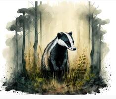 Cute badger standing in the middle of the forest. Watercolor painting. photo