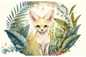 AI Generated Cute fennec fox in the middle of the forest. Watercolor painting.